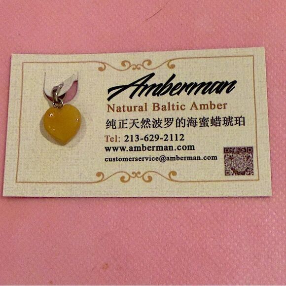 Vintage butterscotch amber valentine heart pendant sterling 1/2” new old stock - Picture 7 of 8